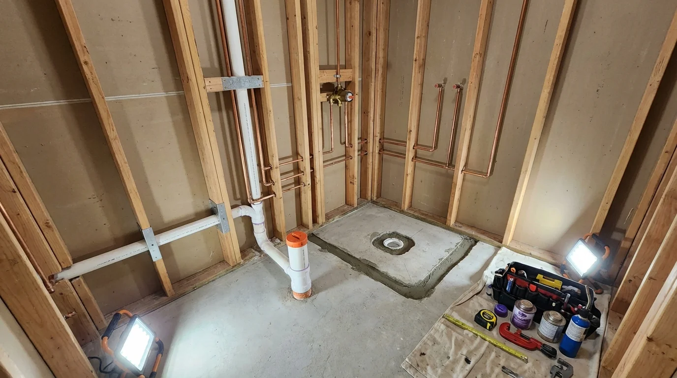 Bathroom rough-in plumbing during remodel by Johns Plumbing LLC in Falconer