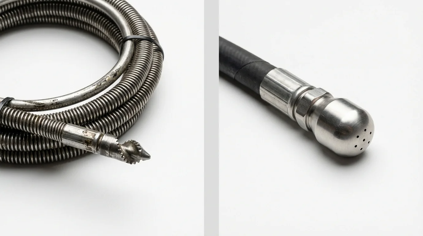 Drain snake cable and hydro jetting nozzle used for drain cleaning in Falconer, NY