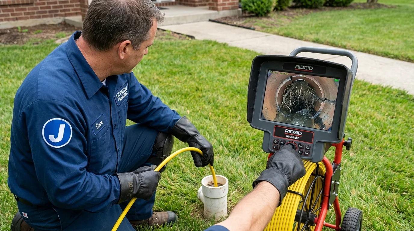 Sewer camera inspection being performed by Johns Plumbing LLC in Falconer
