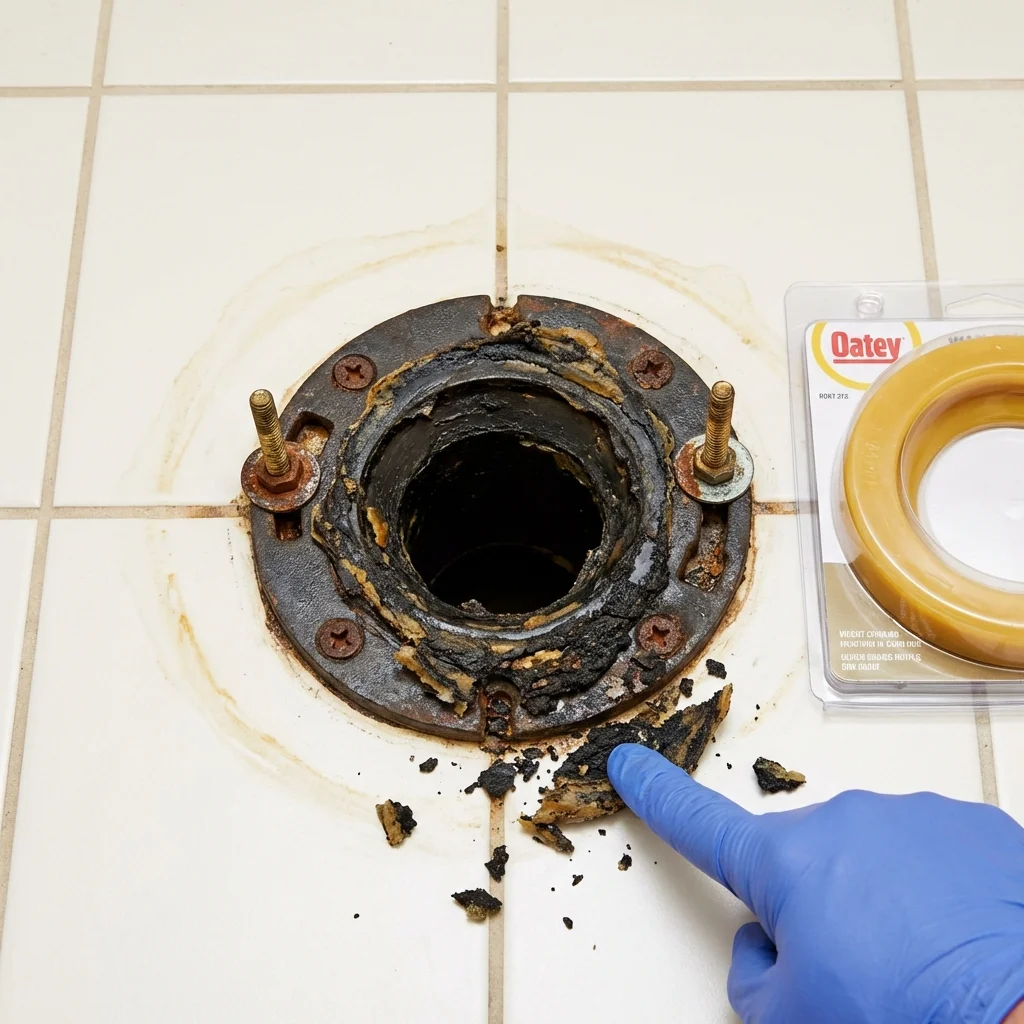 Failed wax ring showing water seepage at the base of a toilet in a Falconer, NY home