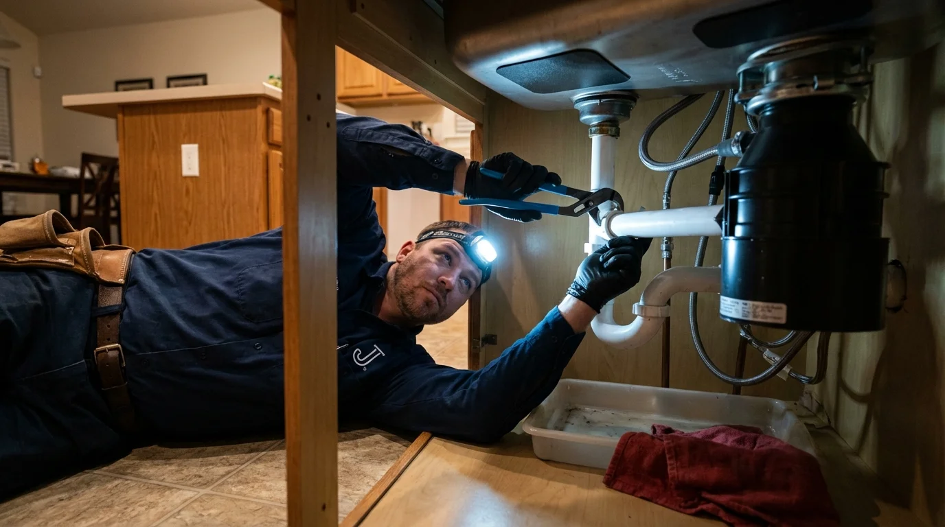 P-trap and supply line connections under a kitchen sink showing a common leak point in Falconer, NY